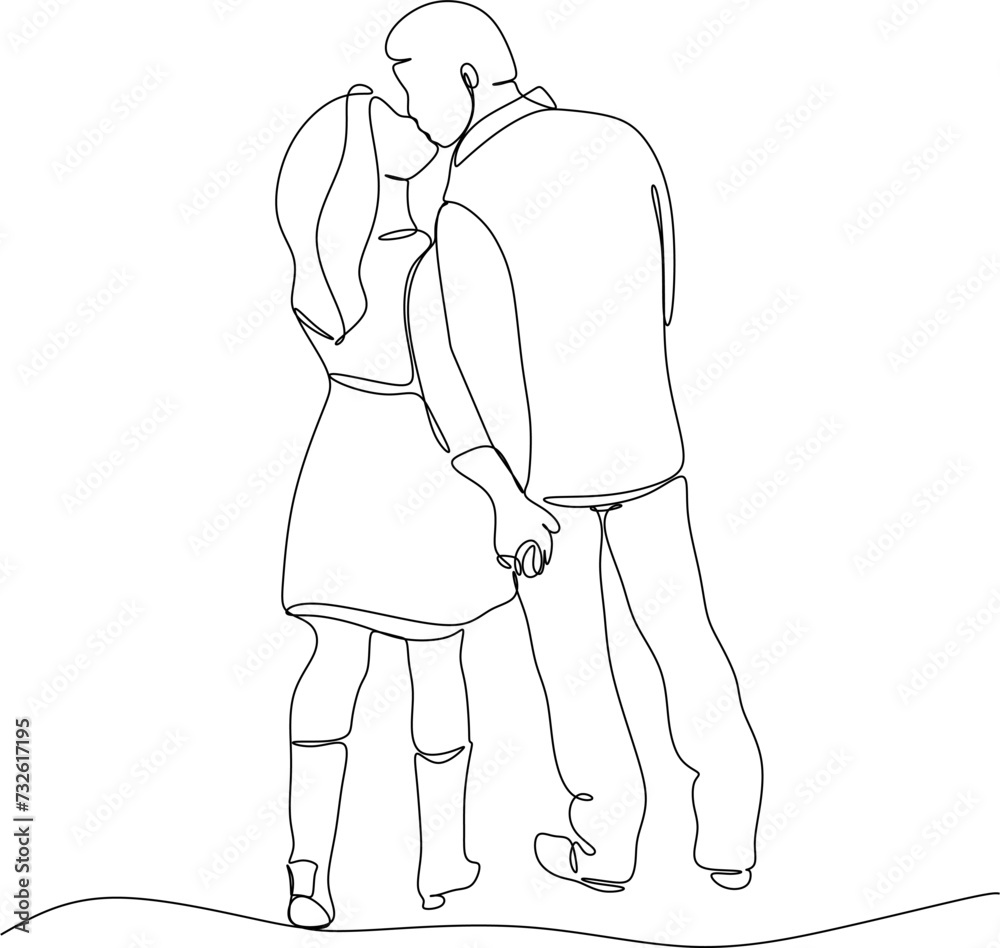 continuous line drawing of a young couple walking together