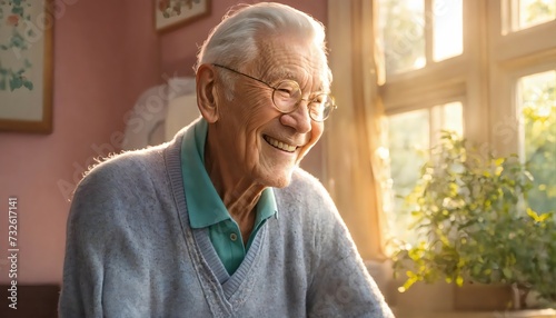 An elderly man appears with a warm smile that reflects an atmosphere of comfort and happiness. 