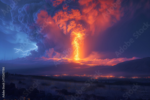 A landscape of lightening eructing  Mauna Loa Volcano in Hawaii with smoke and a hazy sky photo