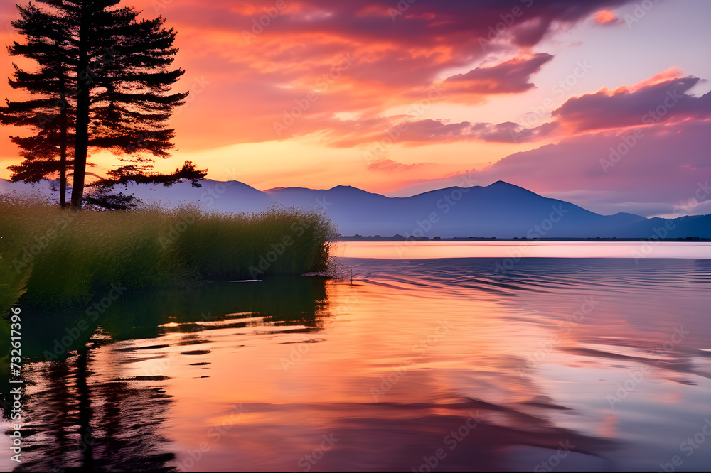 An Idyllic Sunset Over a Calm Lake