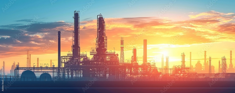 Oil Refinery With Sun Setting in the Background Oil Refinery With Sun Setting in the Background