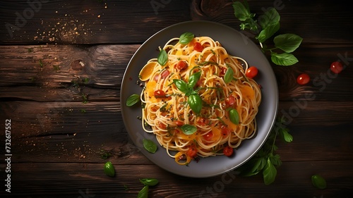 Spaghetti with pesto sauce and fresh basil on a dark wooden background.