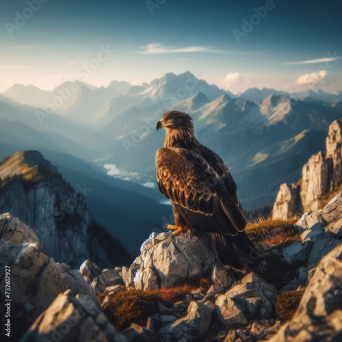 Magnificent eagle sits atop a mountain range 