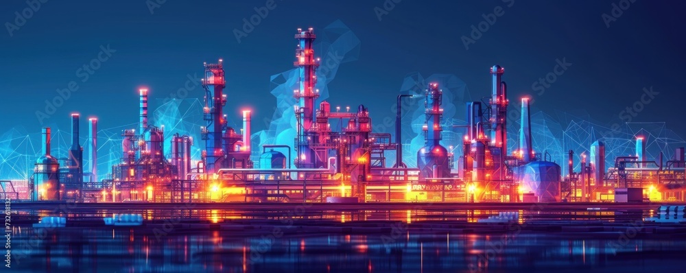 Oil Refinery Lit Up at Night With Bright Lights