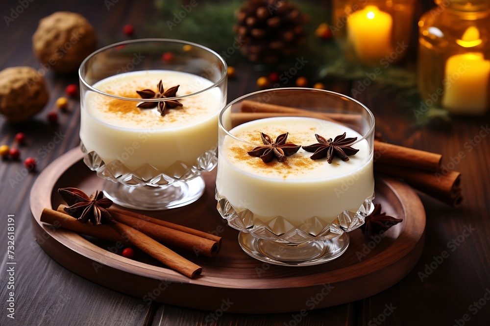 Eggnog in glasses with star anise and cookies on wooden background Eggnog in glasses with star anise and cookies on wooden background
