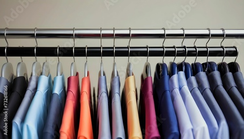 perfectly organized rack with clean clothes on hangers at a dry cleaning facility. Ideal for advertising professional garment care services and promoting a tidy wardrobe created with generative ai