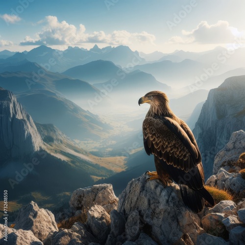 Magnificent eagle sits atop a mountain range 