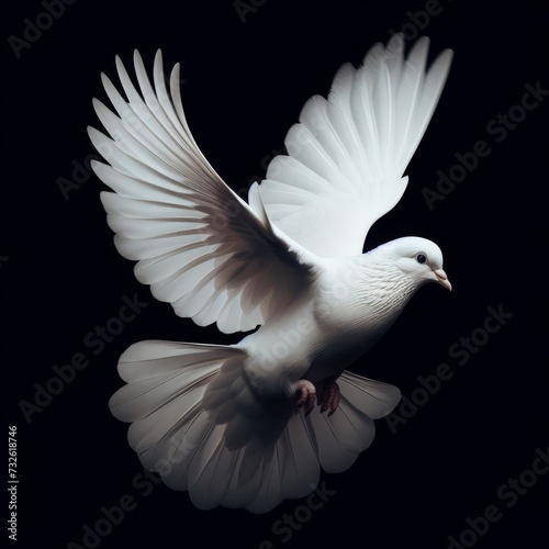 White dove flaps wings against black background 