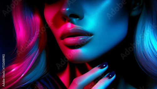 Close-up portrait of a woman with vibrant pink and blue neon lighting, highlighting her glossy lips, chic sunglasses, and flowing hair.Portrait concept. AI generated.