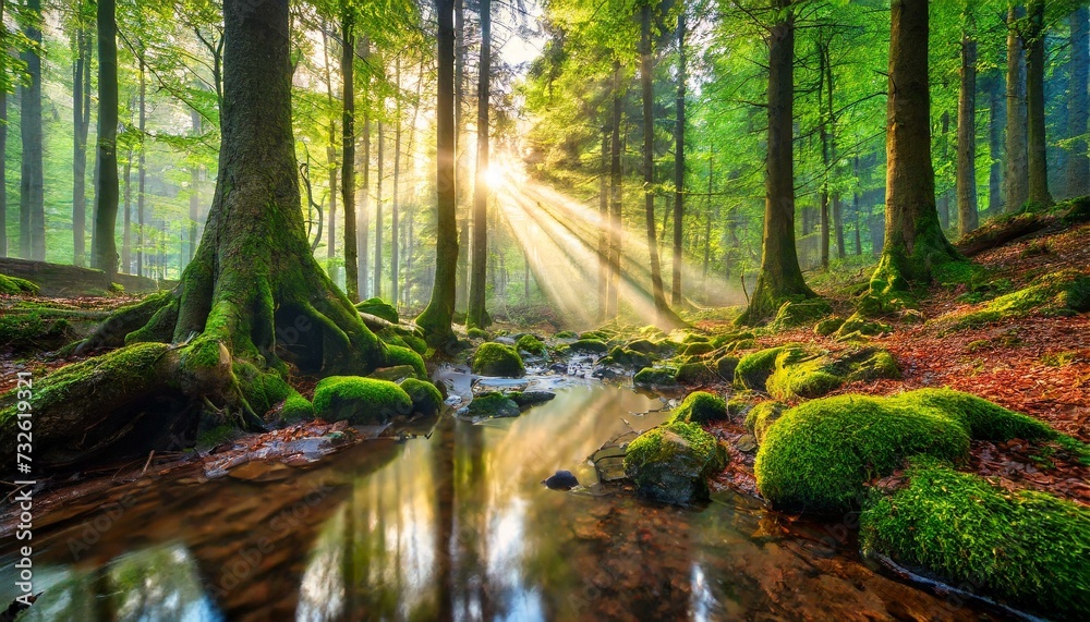 Obraz premium Footpath in the forest with sunrise