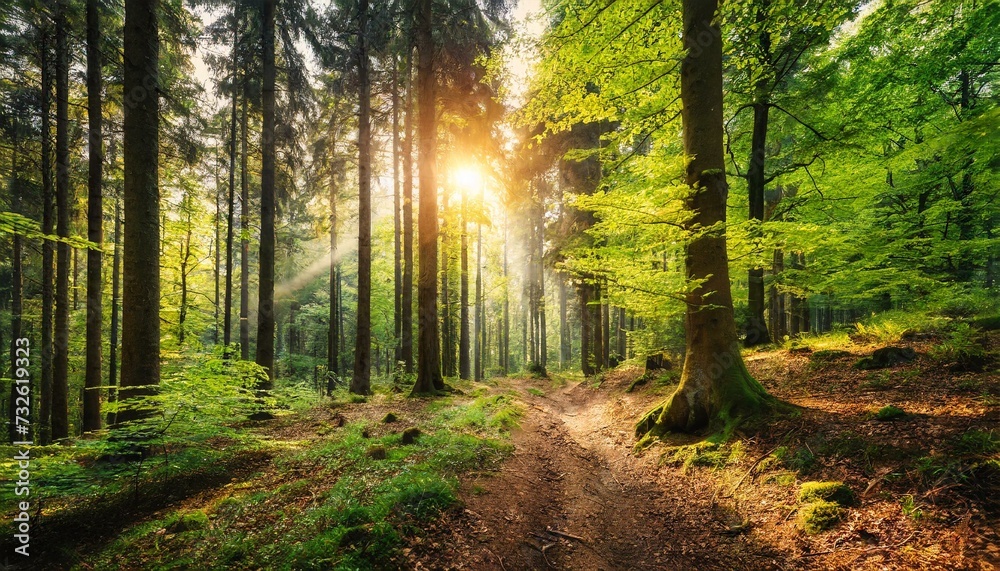 Obraz premium Footpath in the forest with sunrise