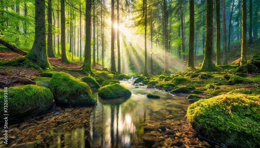 Footpath in the forest with sunrise Footpath in the forest with sunrise