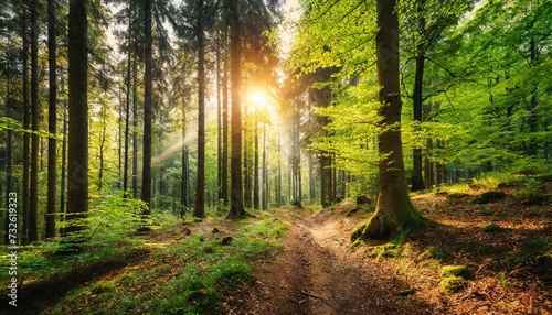 Footpath in the forest with sunrise