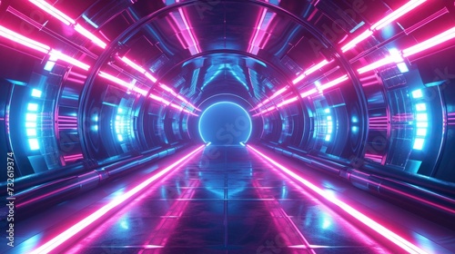 Abstract futuristic background portal tunnel with pink blue glowing neon moving high speed wave lines and flare lights