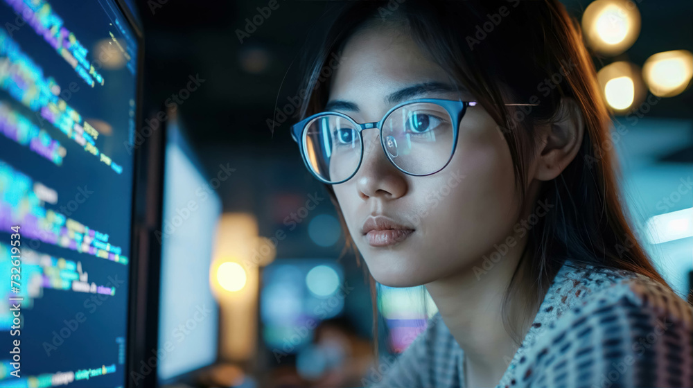 Asian Female Developer Coding Intently On Her Computer. Encouraged Women From Different Backgrounds To Work In IT Development Asian Female Developer Coding Intently On Her Computer. Encouraged Women From Different Backgrounds To Work In IT Development