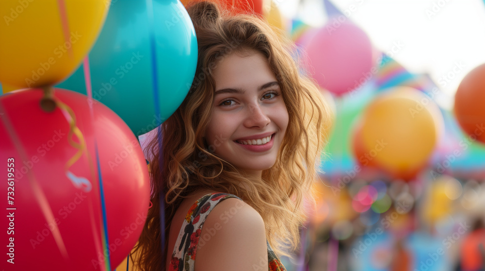 Woman smiling at a fair with colorful balloons and festive background. Young woman amidst a carnival, delighted by the spectrum of colors and festivities. happy woman standing at the amusement park.