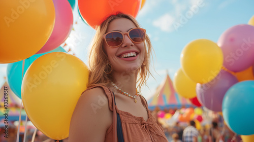 Woman smiling at a fair with colorful balloons and festive background. Young woman amidst a carnival, delighted by the spectrum of colors and festivities. happy woman standing at the amusement park.