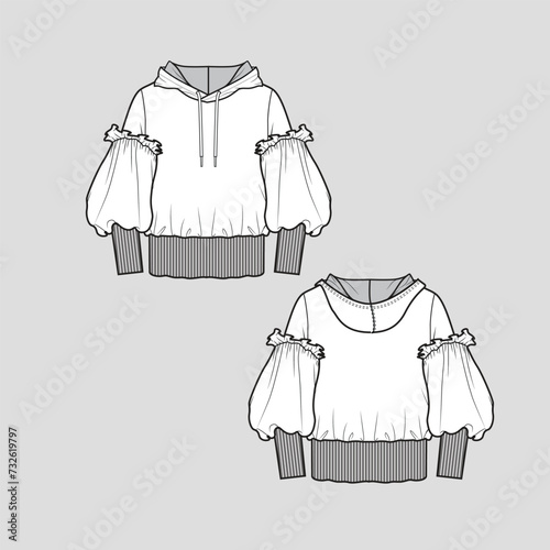 winter Hoodie Lantern Sleeve Sweatshirt Top balloon long sleeve Drawstring Ribbed cuffs cad Fashion design sketch template Drawing