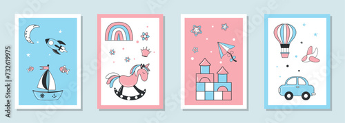 A collection of vector drawings for children. Cute design with toys for wallpaper background to decorate the nursery, postcards for babies and covers.