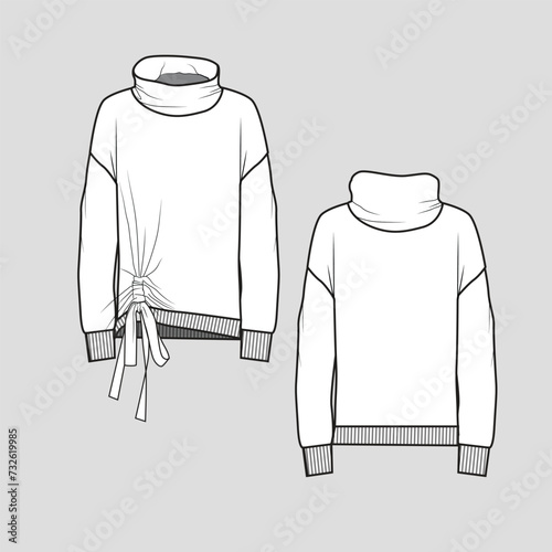 Winter Sweatshirt Knotted hem High Neck Gathering side Knot tie long Sleeve cuff rib Fashion Sweatshirt  flat sketch technical  template drawing design