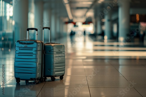  Luggage suitcases at the airport banner with copy space. Two suitcases in an empty airport hall.