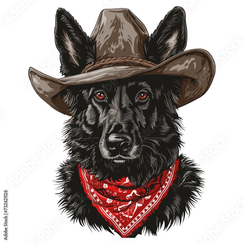 belgian shepherd Dog Head wearing cowboy hat and bandana around neck