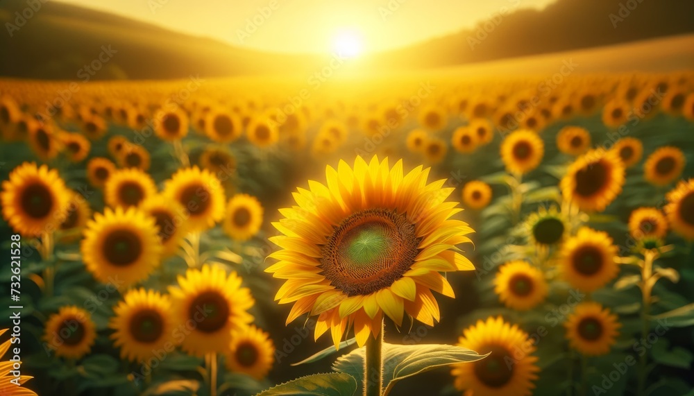 Stunning Sunflower Field at Sunset, Nature Beauty
