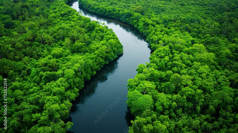 Aerial river winding through a rainforest, the lifeline of the ecosystem, bordered by dense greenery Aerial river winding through a rainforest, the lifeline of the ecosystem, bordered by dense greenery