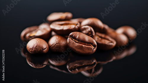 Coffee beans on a black reflective surface