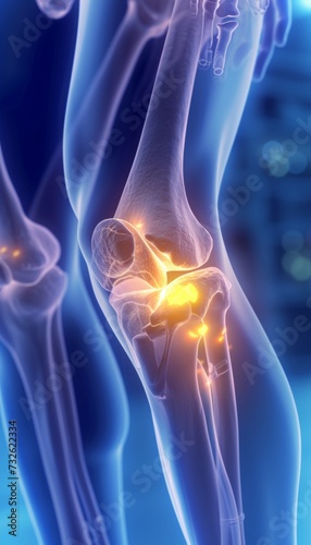 X-ray of a knee joint with highlighted pain area. ortopedic hip pain illustration 3d octane render