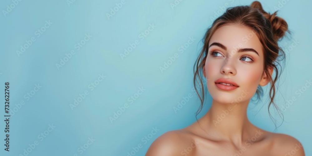Elegant Young Woman with Flawless Skin on Pastel Blue Background, Beauty Concept Elegant Young Woman with Flawless Skin on Pastel Blue Background, Beauty Concept