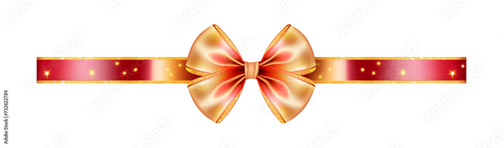 A beautiful horizontal glossy, shiny golden red  Bow and Ribbon with gold stars on a white or transparent background. PNG. For decorating. red gift ribbon cut out.