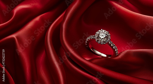 engagement rings photographed on red satin in