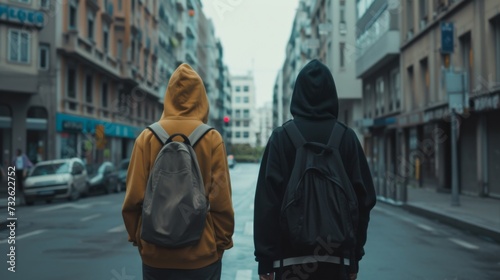 Two teenagers in blank hoodies walking in city street