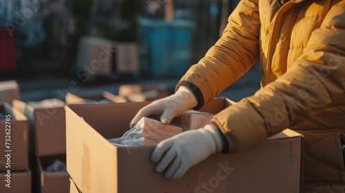 Unrecognizable volunteer organizing donations in boxes wearing protective gloves