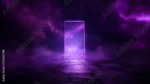 Door with light rays and smoke. Futuristic abstract background.