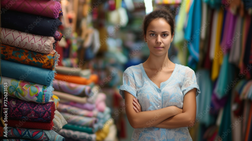 Woman standing with her arms crossed in a fabric store