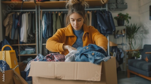 Woman sorting clothes and packing into cardboard box for donations for charity photo