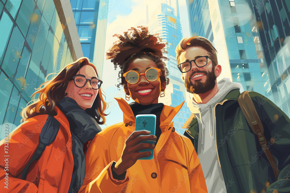 Illustration of Three Multiracial Colleges Using Phones Outdoors. Diversity Friends Wearing Glasses Outdoors While Using Phones