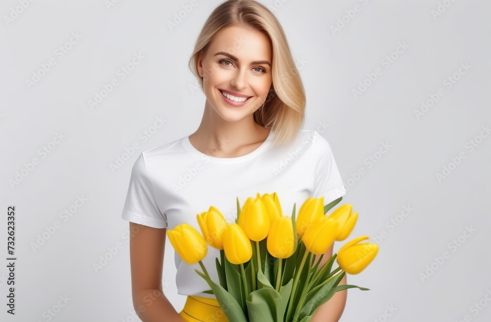 young happy woman with a bouquet of yellow tulips on a white background in a white T-shirt and yellow skirt. March 8, international women's day young happy woman with a bouquet of yellow tulips on a white background in a white T-shirt and yellow skirt. March 8, international women's day