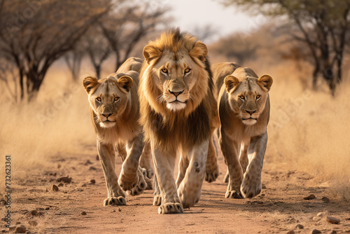Pride of lions walks through Africa 