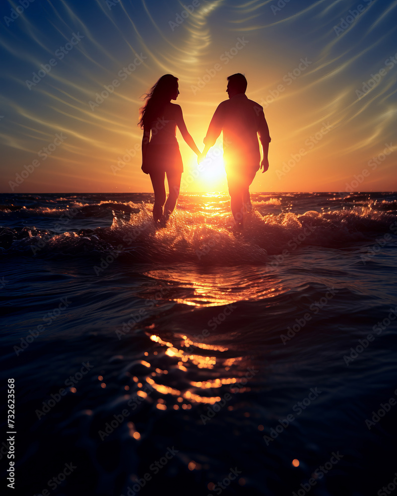 Silhouette of a loving couple in the sea at sunset Silhouette of a loving couple in the sea at sunset