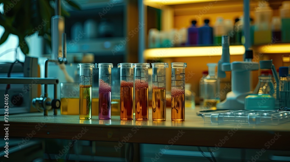 Laboratory scene: A table is filled with bottles, flasks, and glassware used for scientific research. Generated by AI Laboratory scene: A table is filled with bottles, flasks, and glassware used for scientific research. Generated by AI