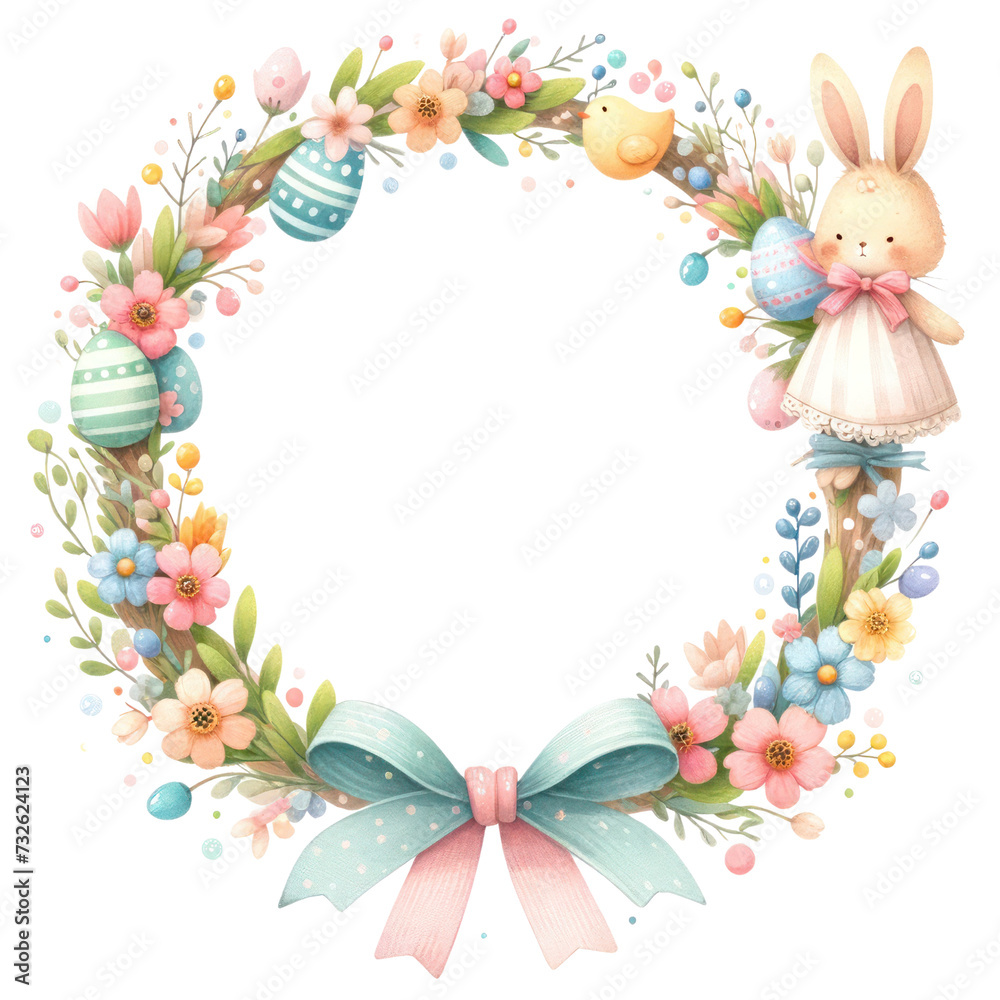 Watercolor circular wreath featuring a cute Easter bunny, pastel flowers, and decorated eggs, ideal for spring celebrations.
