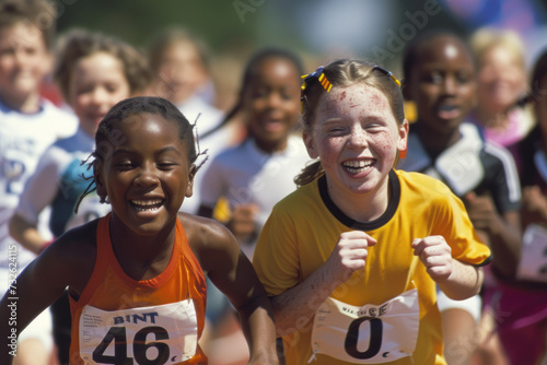 Diverse young athletes reach the finish line with smiles at an outdoor school sports event