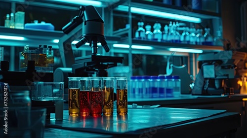 A lab with a bunch of bottles and beakers  a microscope in the background and a microscope in the foreground. Generated by AI