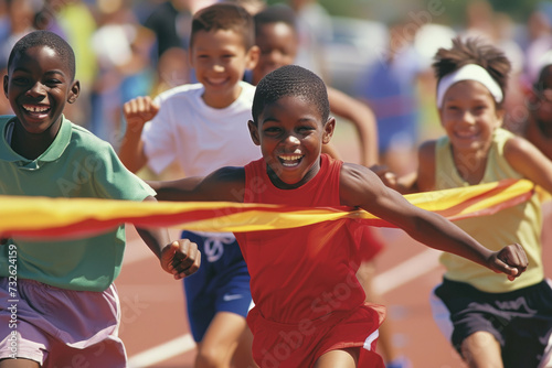 Diverse young athletes reach the finish line with smiles at an outdoor school sports event © Kien