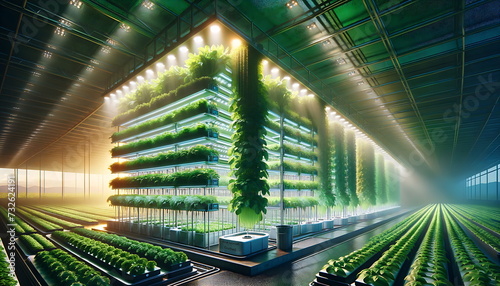 Growing greens in smart organic plants on vertical farms, agriculture future. photo