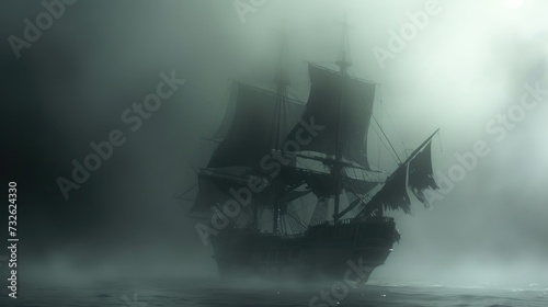 Foto Pirate ship with black tattered sails sailing through fog