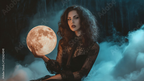 Donna castana che porta con se una luna
